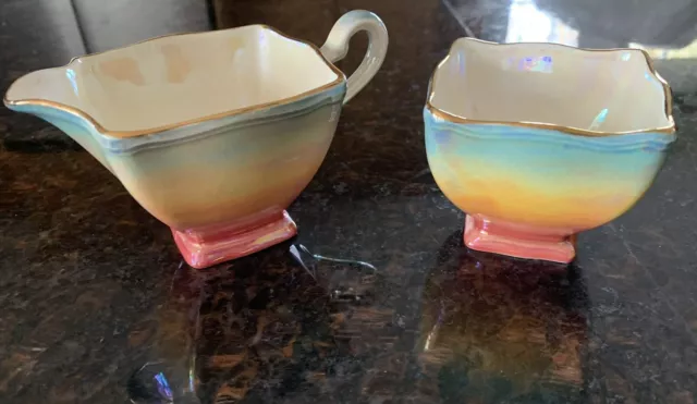 Royal Winton Grimwades Lustreware, blue yellow pink iridescent, creamer sugar