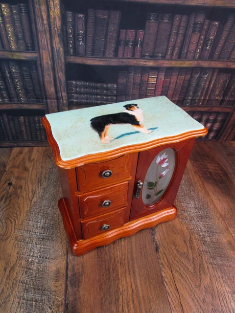 Vintage 1980’s WOOD Wooden JEWELRY CABINET BOX Unique HANDPAINTED BORDER COLLIE