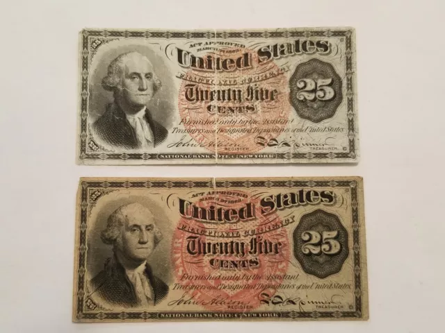 Pair 1863 Washington 25 Cent Fractional Currency Notes (E60)