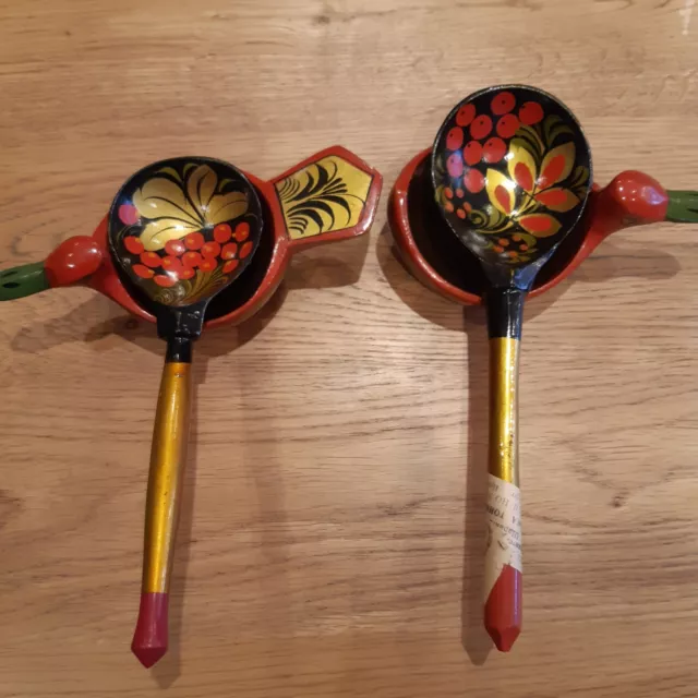 Vintage Russian hand painted Khokhloma 2 Wooden Spoons and 2 ducks Folk Art.