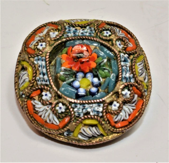 Broche Micro Mosaïque Ronde - Diamètre 2,3 Cm - Occasion Bon état