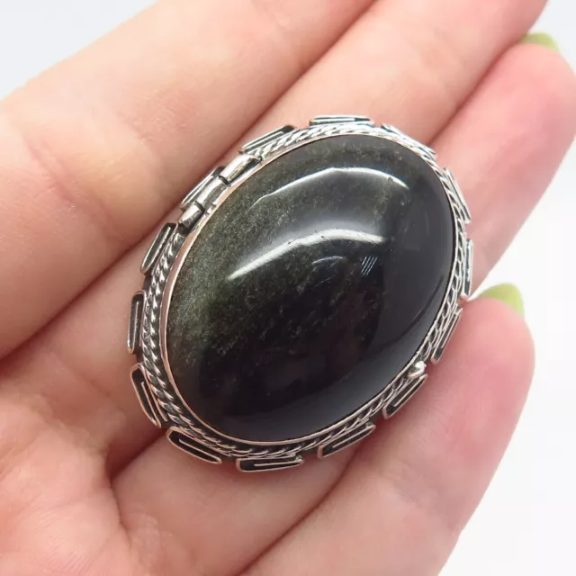 925 Sterling Silver Vintage Real Black Obsidian Gemstone Locket Pin Brooch