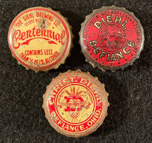 3 Christian Diehl Cork Lined Beer Bottle Cap ~ Defiance, Ohio Vintage Crowns Old
