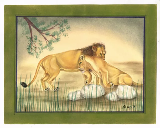 Lion Art Peinture Main Peint Indien Miniature Peinture Sur Papier Gouache Art