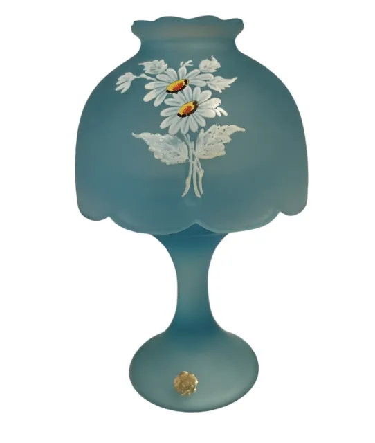 60s Westmoreland Blue Frosted Glass Fairy Candle Holder Lamp Daisy Flowers Retro