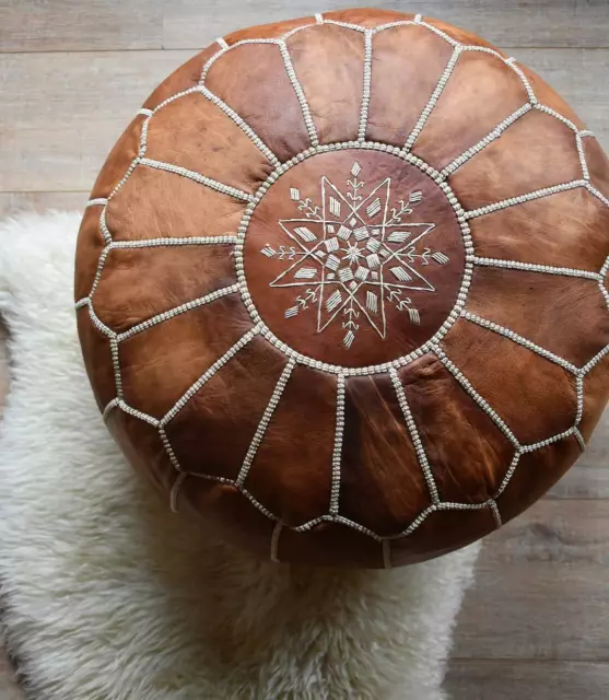 SALE! Moroccan Genuine Leather Boho Pouf Ottoman Footstool Pouffe Brown Tan