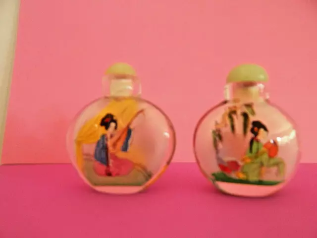 VINTAAGE 4 Pc Lot SNUFF BOTTLES Reverse Painted BIRDS and ASIAN WOMEN 3