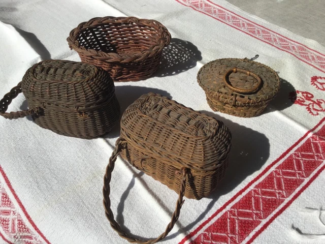 Lot 2 ANCIEN PETIT PANIER DE GOÛTER + 2 corbeille ROTIN TRESSÉ DÉCO POUPÉE