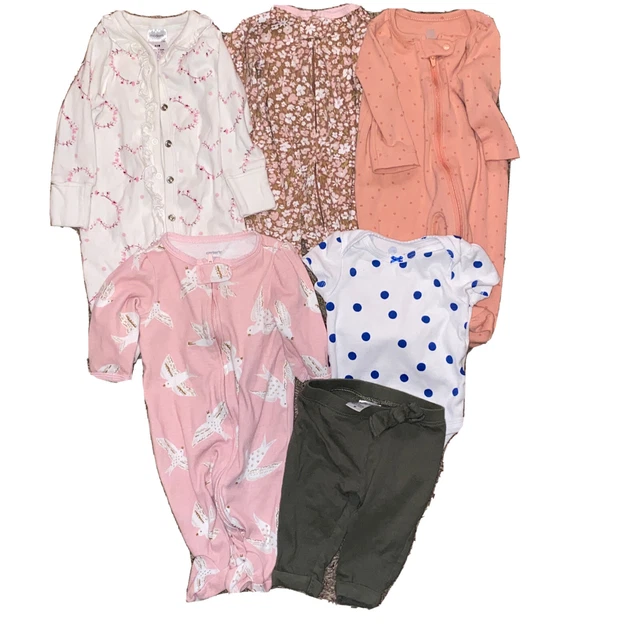 Lot Of 6 Assorted Infant Baby Girls Outfits Clothes 0-3 One Piece Pants Carters