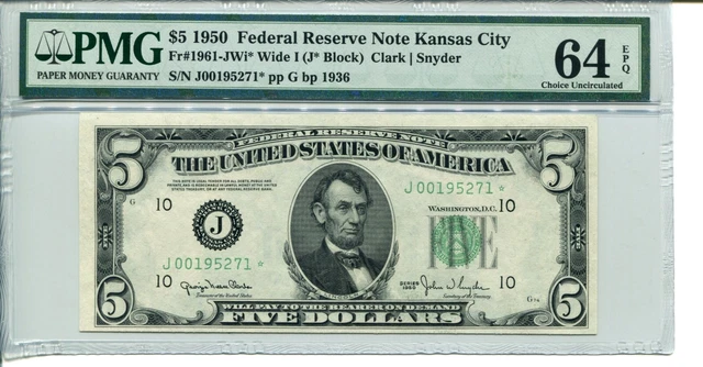 FR 1961-J* STAR WIDE I 1950 $5 Federal Reserve Note PMG 64 EPQ CHOICE UNC