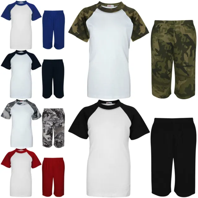 Kids Raglan Style Pyjamas Contrast T Shirt Shorts Loungewear Girls Boys Age 5-13