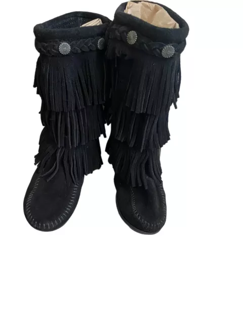 MINNETONKA MOCCASIN BOOTS Youth Girls Sz 12 Fringe Black 2659 Leather 3 ...