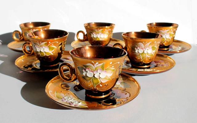 Service 6 Tasses à Café Vintage Années 50 - Céramique Pastel, Fait Main, Avec Soucoupes