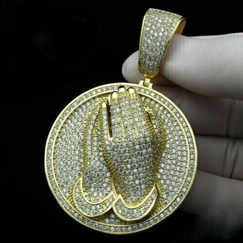 3Ct Round Cut Moissanite Men's Praying Hand Charm Pendant 14K Yellow Gold Plated