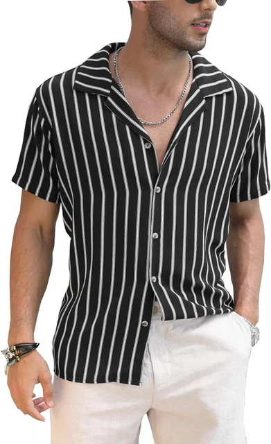 COOFANDY Mens Hawaiian Shirts Short Sleeve Striped Shirt Button Down Beach Shirt
