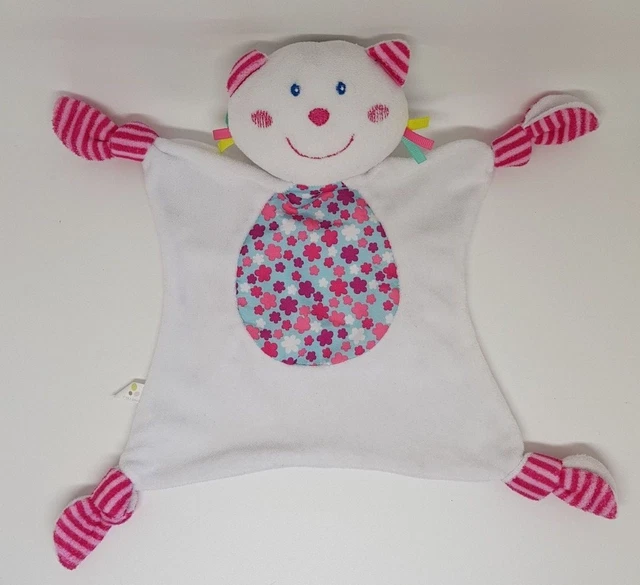 Doudou Plat Aubert P'tit Bisou Chat Blanc Rose Fleur Grelot Hochet Neuf