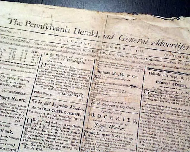 Very Rare 18th Century PHILADELPHIA PA Pennsylvania 1786 Post Rev. War Newspaper