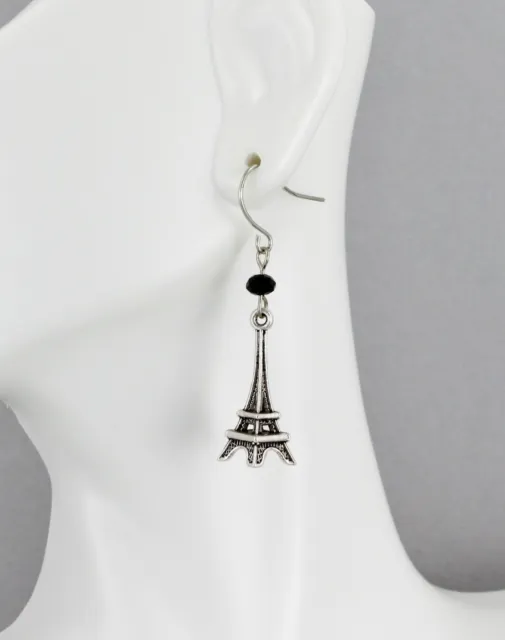 silver tone La Tour Eiffel Tower dangle 1 5/8" long earrings Paris France travel