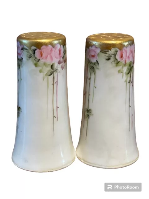 Vintage Porcelain Salt Pepper Shakers Pink Rose Gold Trim Floral Hand Painted