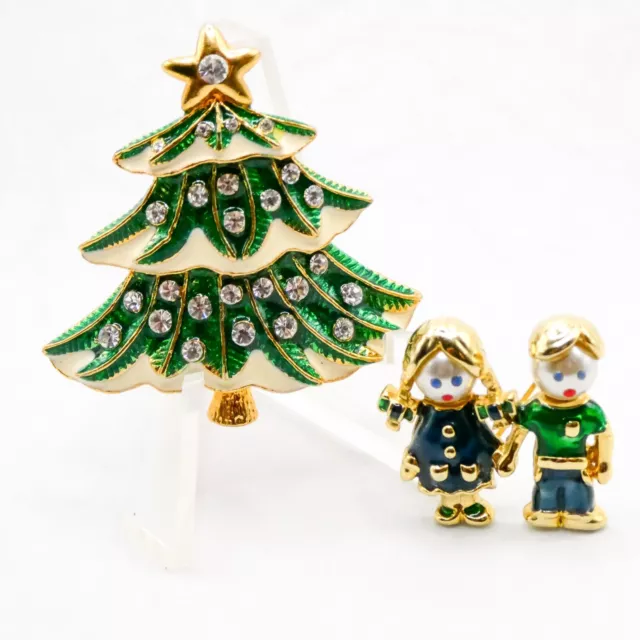 BIJOUX Stern Girl And Boy Enamel Figural Brooch Paris Christmas Tree Set Married