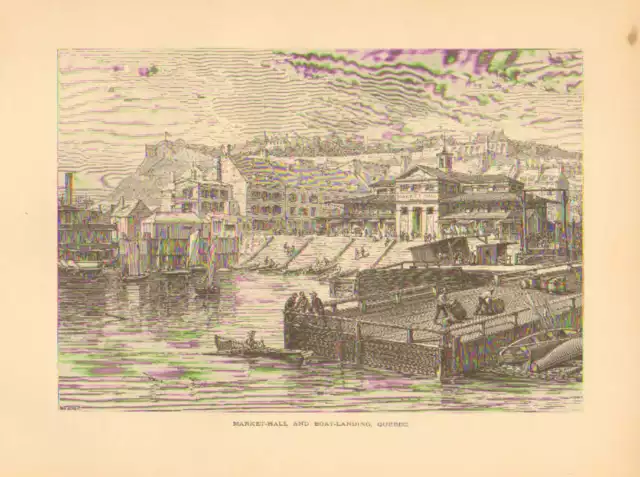 Quebec, Canada, Market Hall And Boat Landing, Vintage, 1874 Antique Print,