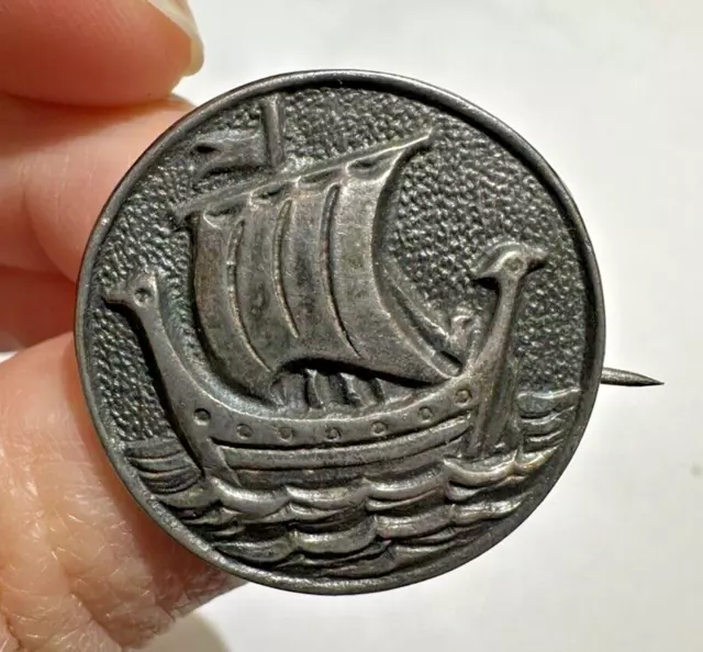 Vintage Silver Norway Norwegian Viking Boat Ship Coin Design Brooch Pin 4a 2.3