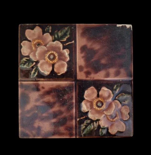 Antique Victorian Fire Place Pottery Tile Brown w/ Flowers 6"
