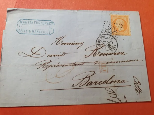 Napoléon 40ct sur lettre avec texte de Cette pour Barcelone en 1867 - Réf 3430