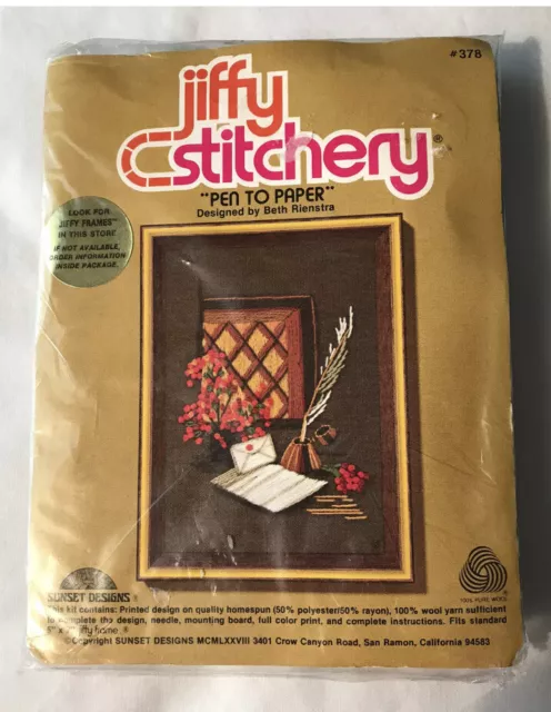 Kit de crema bordado Jiffy Stitchery 1978 vintage #378 pluma a papel