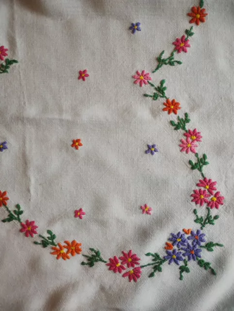 Vintage hand embroidered linen tablecloth, colourful flowers, square