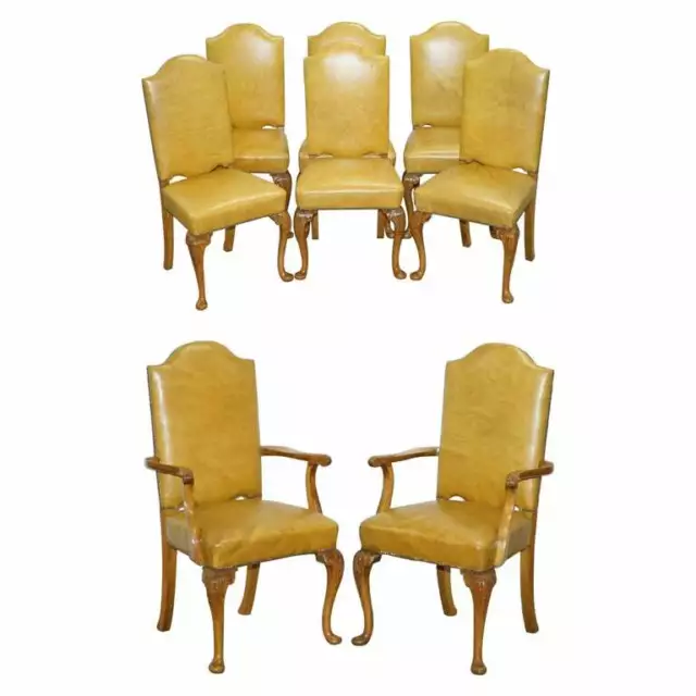 8 Art Deco Walnut Hand Carved Leather Denby & Spinks Dining Chairs Part Of Suite