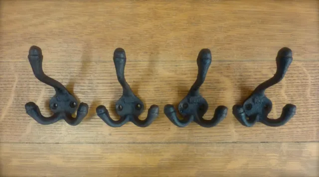 4 BROWN ANTIQUE-STYLE 1888 TRIPLE COAT HOOK CAST IRON rustic wall hardware