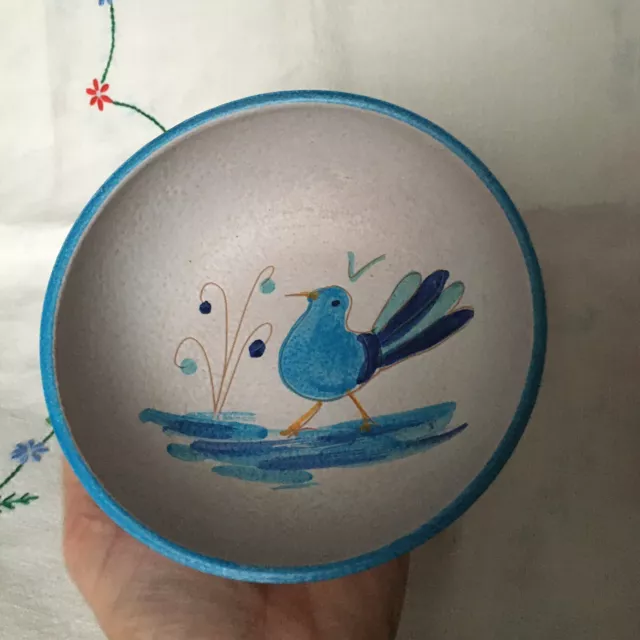 Mid century Vintage Studio Pottery vase Modernist pot bowl turquoise blue bird