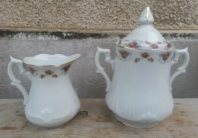 Ancien sucrier céramique déco florale + pot à crème art pop french pottery