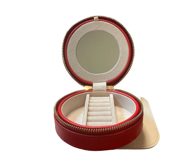 Brand New Wolf Designs Round Zip Jewelry Case Red Vegan Leather W/Mirror Nwt