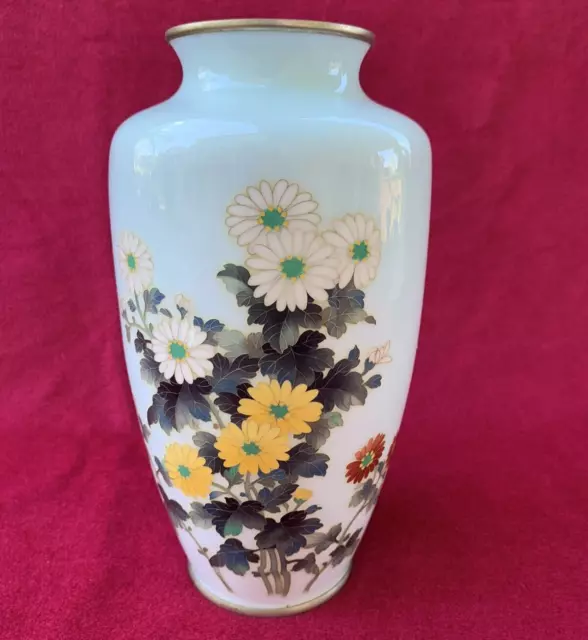 Vintage Japanese Cloisonne Blue Vase Flowers 8.5" tall