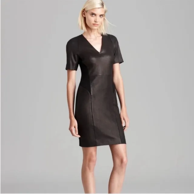 THEORY | Serto Black Lamb Leather Panel Body Con Mini Dress LBD | size 8
