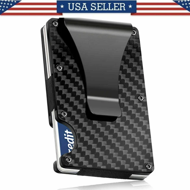 Men RFID Blocking Money Clip Slim Carbon Fiber Credit Card Holder Metal Wallet