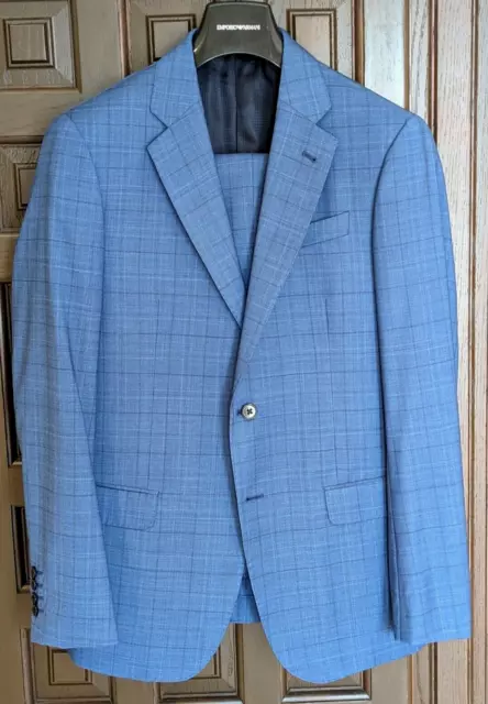 EMPORIO ARMANI G Line Men's Wool Azure Blue Plaid Suit 38 R (48 EU) NWOT $1895