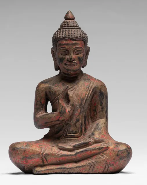 Buddha - Antique Khmer Style Seated Wood Buddha Statue Teaching Mudra - 20cm/8"