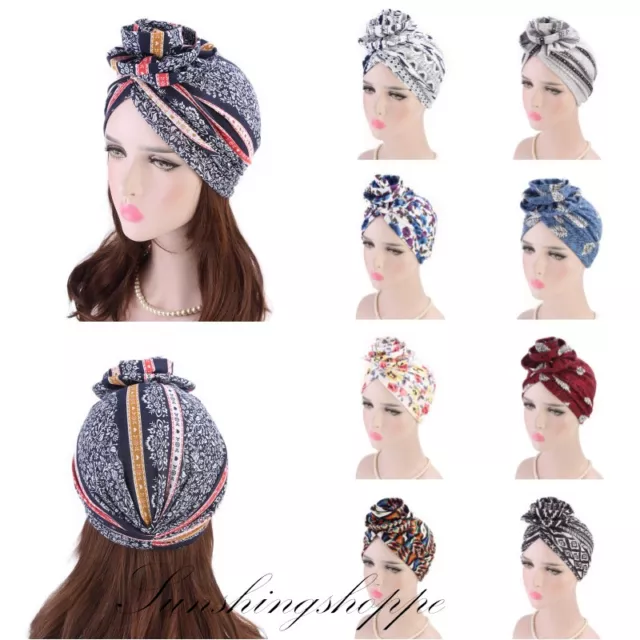 Women Turban India Muslim Beanie Hat Flower Stretch Hat Head Scarf Wrap Cap Arab