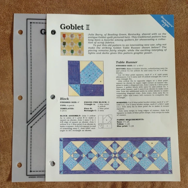 GOBLET QUILT BLOCK Sewing Pattern & Plastic Template $5.00 - PicClick