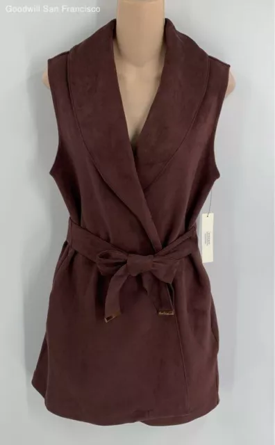 NWT Kenneth Cole NY Womens Brown Sleeveless Shawl Collar Belted Coat Small