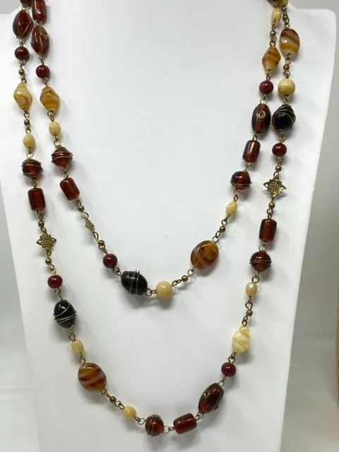 Vintage Brass & Multi-Color Brown & Tan Glass Bead 50" Long Necklace