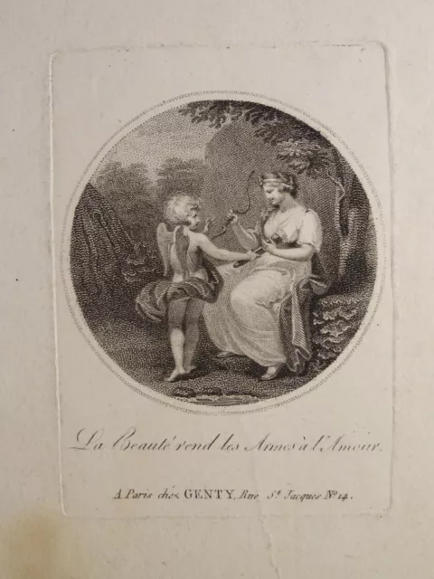 Rare Gravure Miniature Neoclassique Ange Putto Beaute Amour Epoque Empire 1810