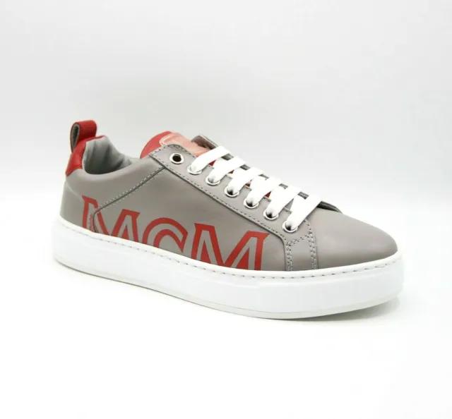 $550 MCM Women's Grey Leather Low-top Sneaker With Red Trim And Logo MES9AMM16EG