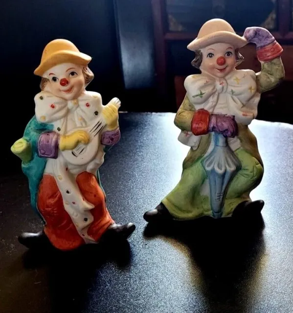 Pair /Collectible UCGC Porcelain 5.5" Clown Figurines; Umbrella/Guitar/Mandolin