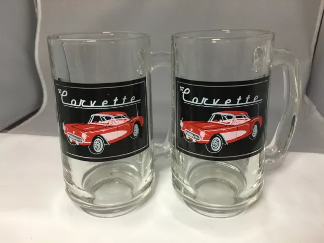 SET /2 Red 1957 Corvette Beer Mugs Glass Vintage 1986 12 Oz Matched Pair AWESOME