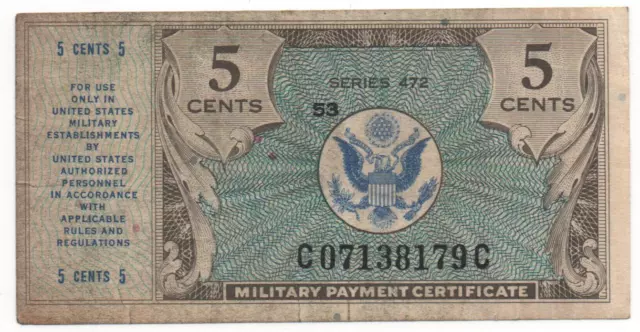 5 Cents Series 472(53) Military Payment Certificate C 07138179 C Look Scans
