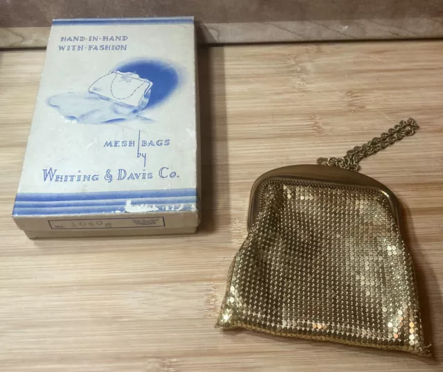 Whiting & Davis Gold Chainmail Mesh Wristlet Evening Bag Vintage Purse w Box